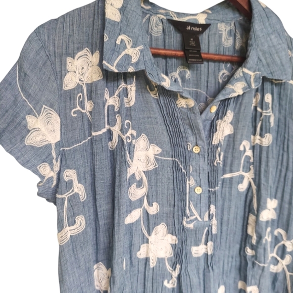 Floral Embroidered Chambray Guazey Cotton Mini Dress - Picture 2 of 5